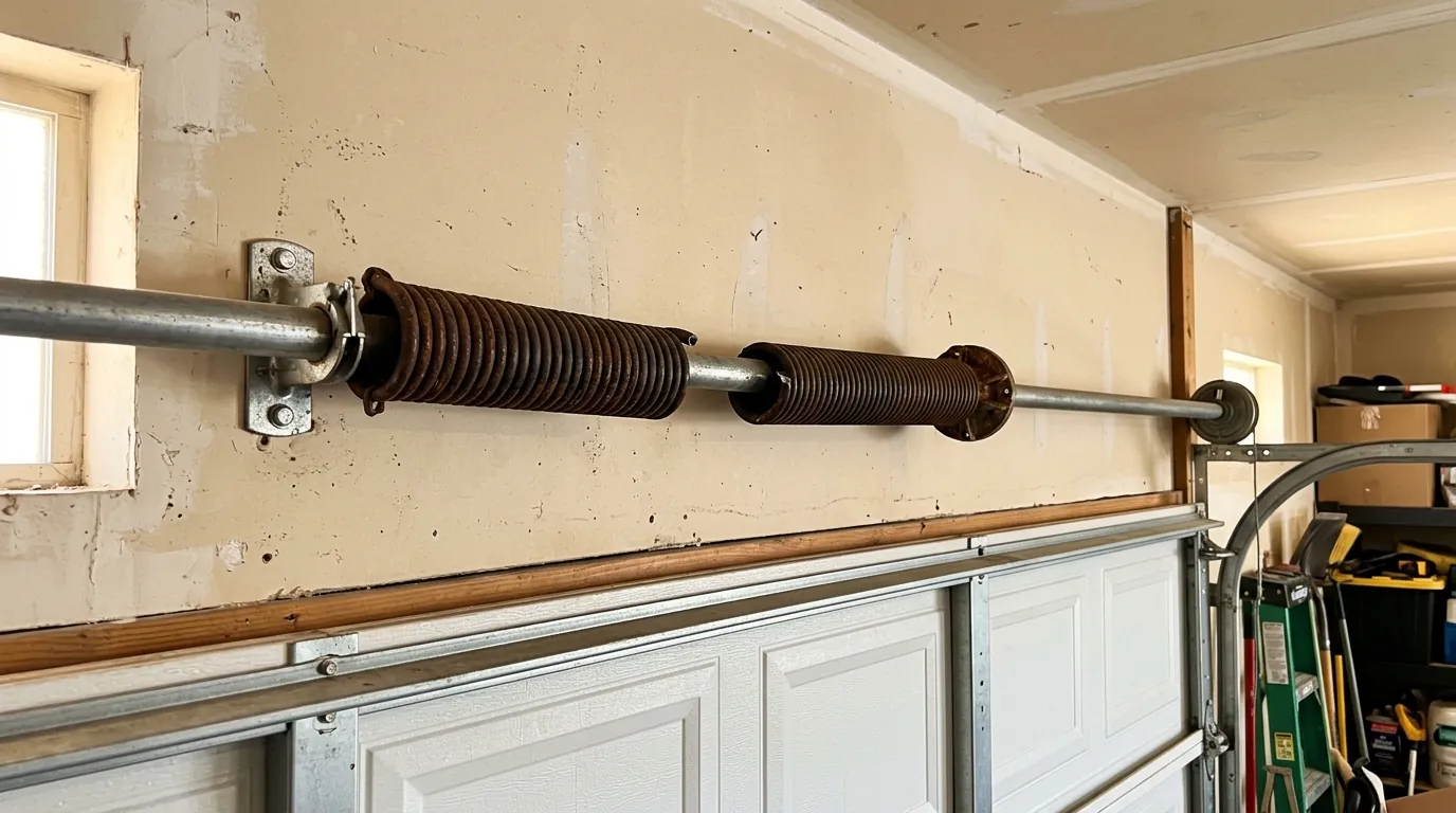 Broken garage door torsion spring awaiting replacement inside a Spring Valley garage