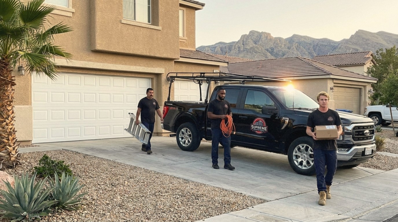 Supreme Garage Doors crew at a three-car garage in Southwest Las Vegas with the Spring Mountains behind
